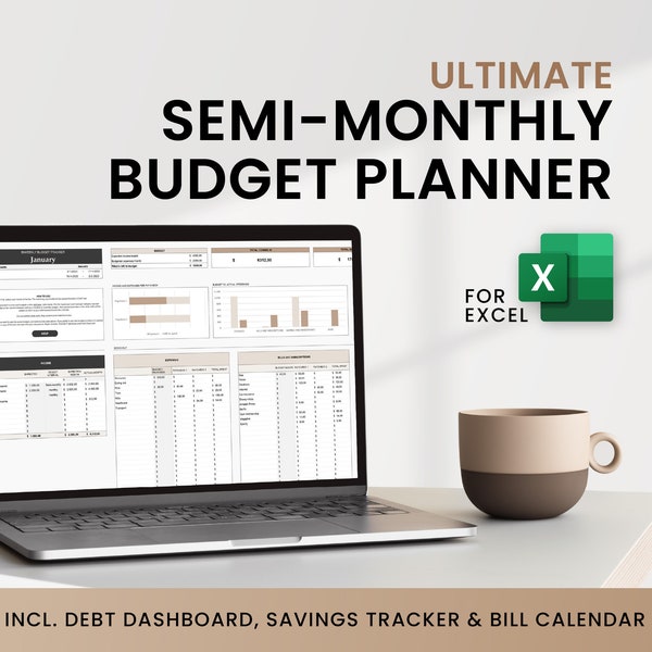 Semi monthly budget planner for Excel, Bimonthly budget template, Paycheck budget planner incl. subscription tracker and debt payoff sheet