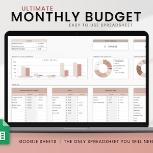 Ultimate Monthly Budget Planner, Finance spreadsheet with Debt tracker and Savings tracker, Google Sheets Budget tracker Pink theme
