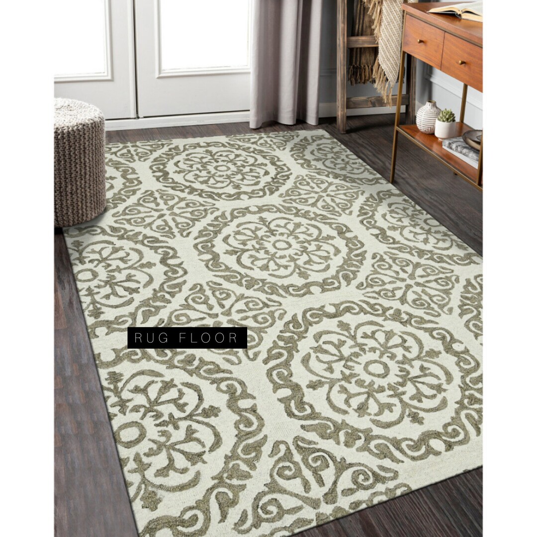 Embroidery Pattern Modern Design Green 100% Wool Loop Rugs Hand Made ...