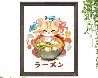 "Ramen Cat" Wall Poster - Ready to Frame - A4 Print - Wall Decor - Decoration - Wall Poster