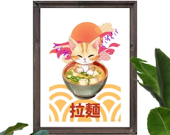 "Ramen Cat" Wall Poster - Ready to Frame - A4 Print - Wall Decor - Decoration - Wall Poster