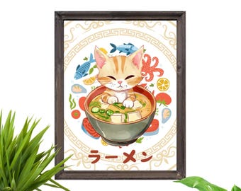"Ramen Cat" Wall Poster - Ready to Frame - A4 Print - Wall Decor - Decoration - Wall Poster