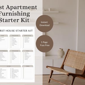 Op de afbeelding: Een afdrukbare checklist voor het inrichten van een eerste appartement. De checklist is onderverdeeld in secties voor verschillende kamers, waaronder de hal, de woonkamer, de eetkamer, de slaapkamer, de studeerkamer, het toilet, de keuken en de gang. De checklist bevat items zoals een bank, een salontafel, een eettafel, een bedframe, een bureau, een toiletborstel, een koelkast en een oven.
