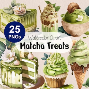 以下が含まれることがあります： 抹茶のおやつを水彩で描いたクリップアート。ケーキ、カップケーキ、アイスクリーム、抹茶ラテなどがあります。画像は25個のPNGファイルで構成されています。