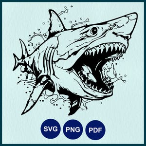 May include: Black and white illustration of a shark with its mouth open, showing sharp teeth. The shark is surrounded by water droplets.