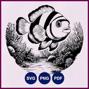 Clown Fish SVG | Tropical Fish SVG | Marine Life | Ocean & Aquarium Crafts | Sea Fishing Vector File | Cricut Stencil | Laser Cut Line Art
