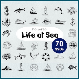 May include: A set of 70 black and white SVG illustrations of various sea life, nautical, and ocean-themed objects. The illustrations include a lighthouse, a sailboat, a seahorse, a jellyfish, a crab, a compass, a life preserver, a submarine, a fish, a sea turtle, a seashell, a starfish, a ship, a mermaid, an octopus, a whale, a dolphin, and more.
