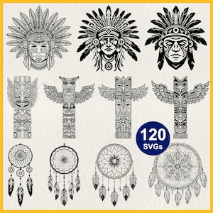 Símbolos indígenas em SVG: Totem tribal, máscara indígena, arquivo vetorial de apanhador de sonhos nativo.