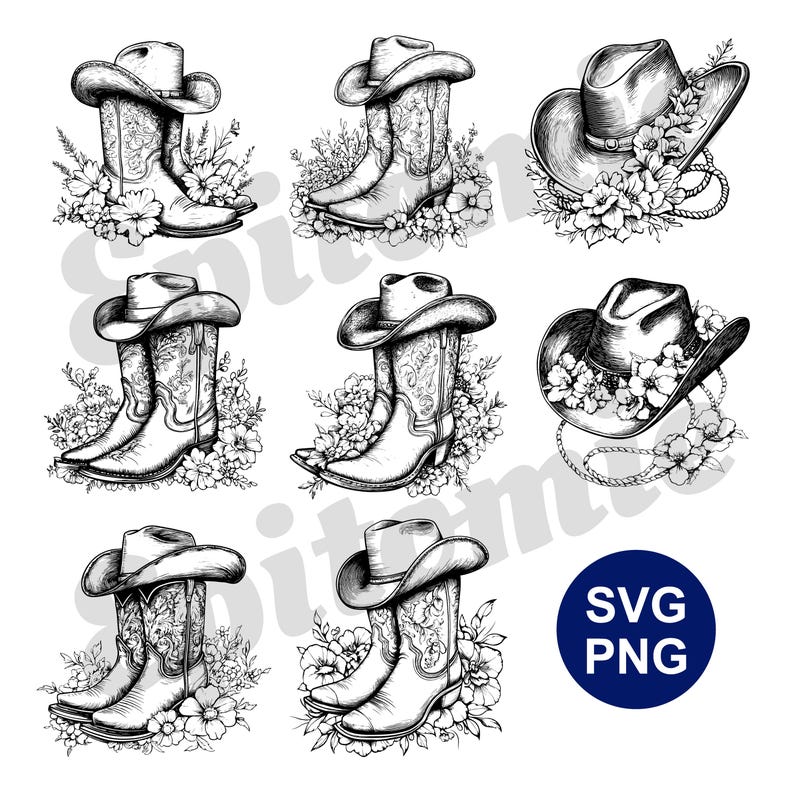 Floral Cowboy Hat and Boots SVG | 25 Western Rodeo Silhouettes for Cricut Crafts | Floral Cowgirl Clipart for Laser Cut, Decal, Stencil