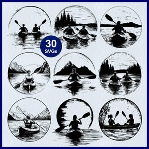 Kayaking Scene SVG Bundle | 30 Boat Rowing SVG | River and Lake Adventure Silhouette | Kayaker Clipart for Cricut, Stencil, Decal, Laser Cut