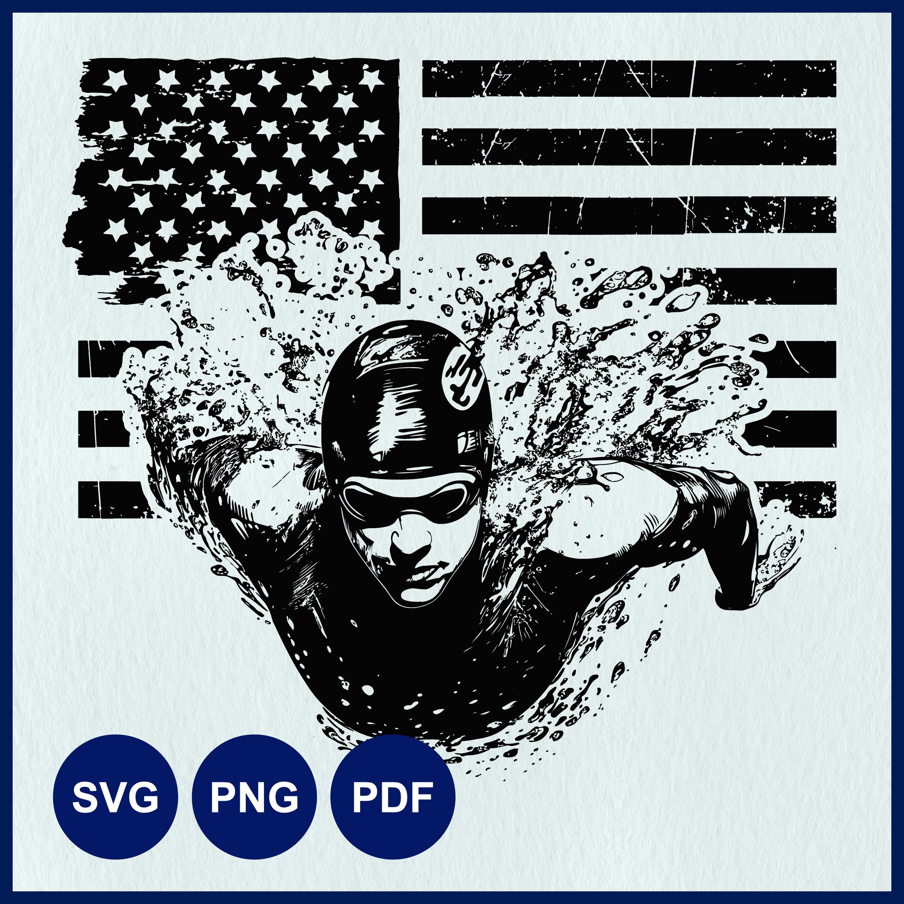 Swimmer with American Flag SVG | Olympic Swim Team, Swimmer Silhouette Clipart | Pool Decor Graphic for Cricut, Stencil, Laser Cut, Line Art