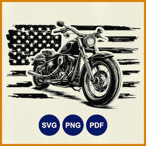 Motorcycle with Flag, US Motorbike SVG, American Biker, Bike Gang, Motorcycle Clipart, Patriotic Biker, Cricut Stencil, Laser Cut Line Art
