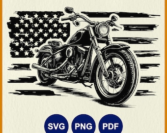 May include: Black and white illustration of a motorcycle with an American flag background. The motorcycle has a large front wheel and a smaller rear wheel. The flag is distressed and has a grunge effect.