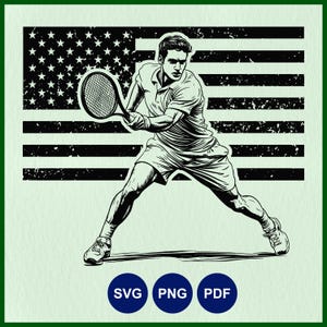 Jogador de tênis dos EUA SVG, Campeonato de tênis dos EUA, Partida de tênis americana, Esportes de raquete png, Clipart de tênis, Estêncil Cricut, Arte de linha cortada a laser