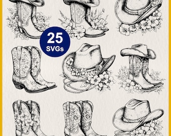 SVG de sombrero y botas vaqueras florales: archivo vectorial de rodeo y vaquera del oeste.