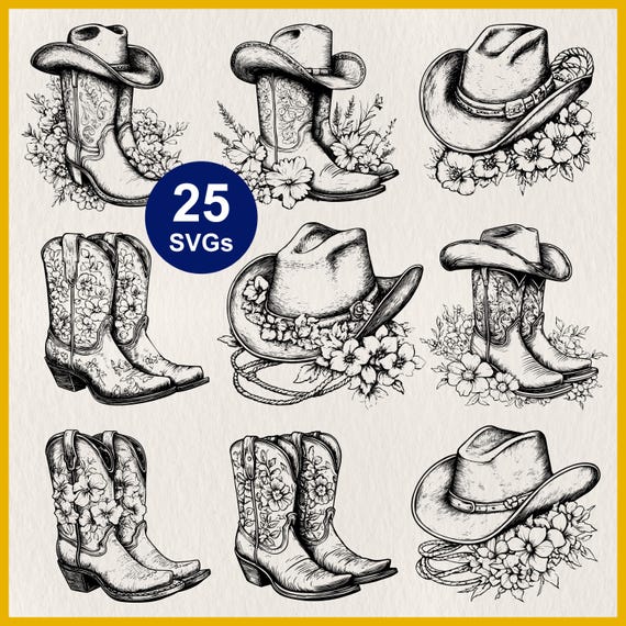 Floral Cowboy Hat & Boots SVG: Western Rodeo and Cowgirl Vector File