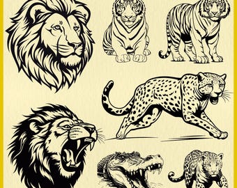 Puede incluir: Ilustraciones en blanco y negro de línea de un león, tigre, leopardo, guepardo, cocodrilo y jaguar. Los animales están dibujados en un estilo realista con detalles precisos.