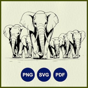 Matilha de Elefantes SVG | Família de Elefantes | Manada de Elefantes | Estêncil de Bebê Elefante | Arte de Linha de Silhueta | Cricut África | Arquivo Vetorial