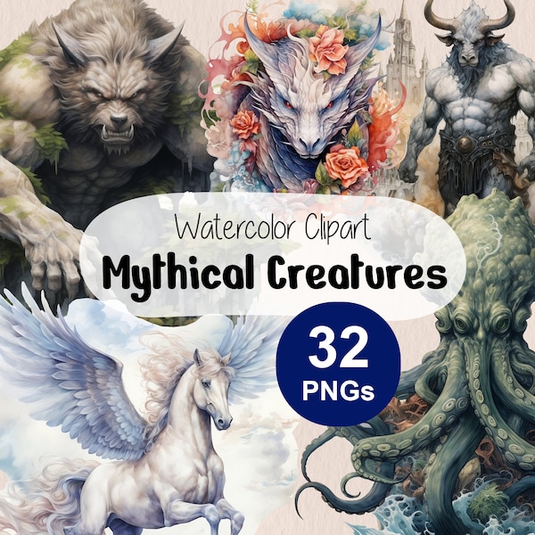 Fabelwesen Clipart, Fantasy Monster PNG, magische Kreaturen, Märchenwesen, Drache, Kraken, Phoenix, digitaler Download