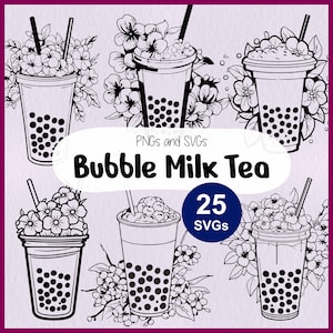 May include: A set of 25 black and white SVG files for creating bubble tea designs. The images feature various bubble tea cups with different floral designs and toppings. The text "Bubble Milk Tea" and "25 SVGs" are also included in the design.