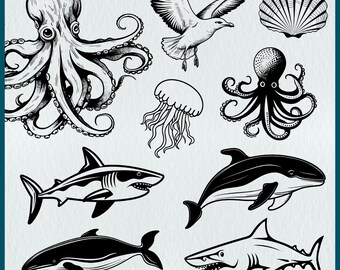 Ocean Animals SVG: Marine Clipart, Ocean Wild Life, Shark, Whale, Dolphin, Jelly Fish Vector File