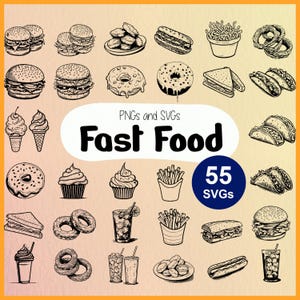 Fast Food SVG | Junk Food Clipart | Cut Files | Burger, Fries, Pizza | Line Art for Cricut | Laser Cut Vector File | Silhouette Stencil SVG