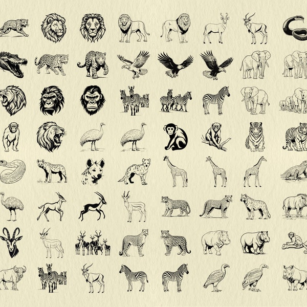 80 Wild Animals SVG, Lion, Tiger, Zebra, Crocodile, Gorilla, Rhinoceros, Jaguar, Gazelle, Elephant, Hyena, Hippo, Eagle, Cricut Stencil SVG