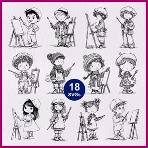 Kid Artist SVG: Little Boy & Girl Drawing, Children Painting Vector File, Creative Art Class Decor
