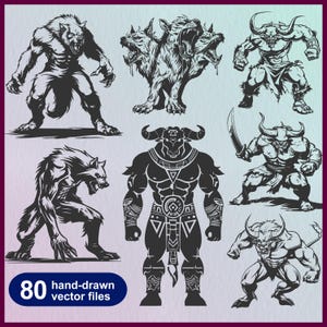 Puede incluir: Un conjunto de 80 archivos vectoriales dibujados a mano que presentan ilustraciones en blanco y negro de criaturas míticas, incluyendo un hombre lobo, un perro de tres cabezas, un minotauro y un toro.