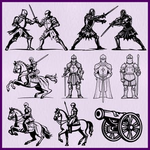 Mittelalterlicher Ritter SVG | Mittelalter Schlacht, Ritterlichkeit, Rüstung, Schwert, Schild SVG | Knighthood Silhouetten für Cricut, Laser Cut, Line Art Crafts