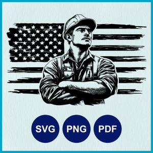 Könnte beinhalten: Schwarzweißillustration eines Bauarbeiters mit einem Helm, der vor einer amerikanischen Flagge steht. Der Arbeiter trägt ein Arbeitshemd und hat die Arme verschränkt.