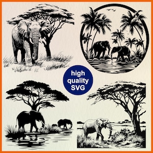 May include: A set of black and white elephant illustrations. One shows an elephant under a tree, another features elephants near water, and a third has elephants with palm trees. A blue circle reads "high quality SVG".