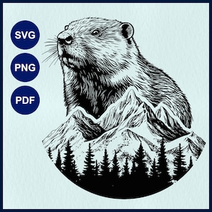 Beaver Woodland SVG, Beaver Scene png, Animals Conservation, Beaver SVG Cricut, Mountain Range, Beaver Laser Cut, Line Art, Forest Wildlife