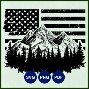 May include: Black and white silhouette of a mountain range with a forest in the foreground. The mountain range is in front of a distressed American flag.