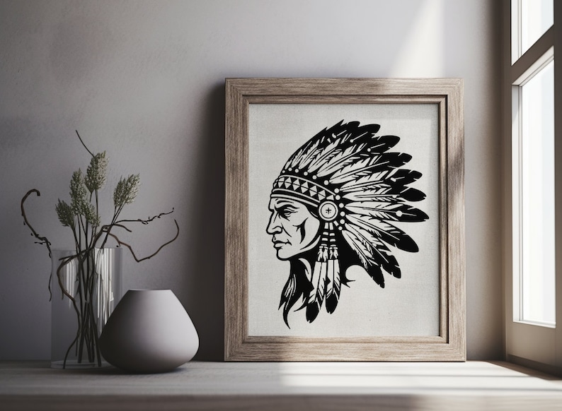 Native Chieftain SVG | Indian American Chief | Native American Tribal Chief | Indian Chieftain Head | Cricut Stencil | Laser Cut Line Art