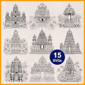 May include: A set of 15 black and white SVG images depicting detailed illustrations of elaborate temples, each decorated with floral arrangements. The designs showcase intricate architectural details, suitable for creative projects.