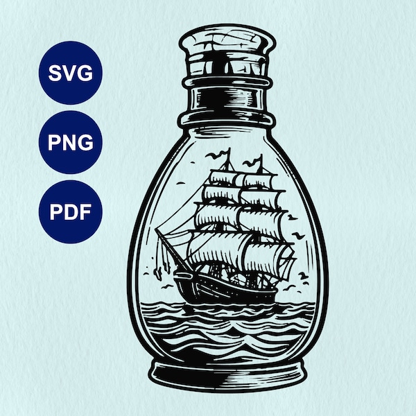 Ship SVG, Ship in Bottle SVG, Ocean Adventure Cricut, Nautical Lasercut, Sail Ship Stencil, Sea Exploration, Pirate Ship SVG Maritime Vector