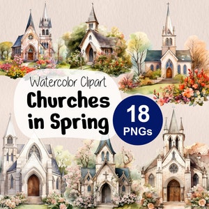 Church in Spring Clipart, Wedding Church Clipart, Catholic Church Clipart, First Communion Clipart, Baptism Clipart, Graphic PNG Download