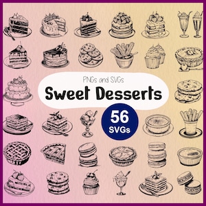May include: A collection of 56 black and white illustrations of sweet desserts, including cakes, pies, pastries, cookies, ice cream, and other treats. The illustrations are in a vintage style and are perfect for use in digital or printed projects.
