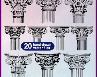 Puede incluir: Un conjunto de 20 archivos vectoriales dibujados a mano que representan varios estilos de columnas arquitectónicas en blanco y negro. Las columnas están detalladas con intrincados tallados y elementos decorativos.