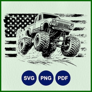May include: Black and white illustration of a monster truck driving through a field of grass. The truck is driving over a large American flag. The truck has large tires and a raised suspension.