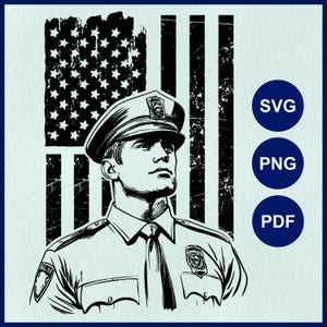 Police Officer with American Flag SVG | USA Police Force, National Hero | Law Enforcement Silhouette for Cricut, Stencil, Laser Cut, Decal
