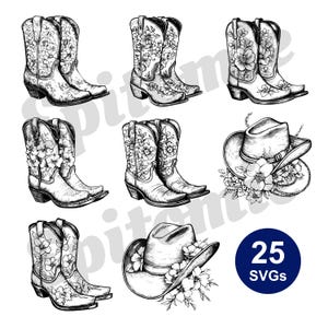 Floral Cowboy Hat and Boots SVG | 25 Western Rodeo Silhouettes for Cricut Crafts | Floral Cowgirl Clipart for Laser Cut, Decal, Stencil