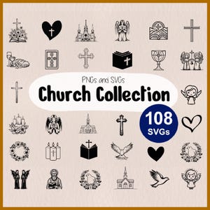 Könnte beinhalten: Eine Sammlung von 108 Schwarzweiß-SVGs zum Thema Kirche. Die Bilder beinhalten Kreuze, Engel, Tauben, Herzen, Kerzen, Kränze und Kirchen. Der Text "PNGs and SVGs Church Collection 108 SVGs" ist auf dem Bild zu sehen.