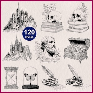 Dark Vintage Aesthetic SVG | Pack of 120 Gothic Academia Clipart | Classical Halloween Silhouette for Cricut, Laser Cut, Stencil, Line Art
