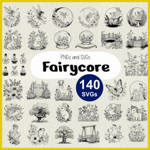 Puede incluir: Una colección de gráficos PNG y SVG en blanco y negro con temática de cuento de hadas. La imagen presenta ilustraciones de hadas, animales, flores y otros elementos caprichosos. El texto "Fairycore" se muestra, junto con una insignia que indica 140 SVG.