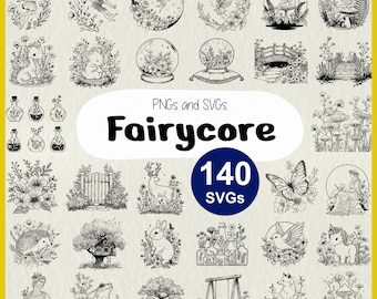 Peut inclure: Une collection de graphiques PNG et SVG sur le thème de la féerie, en noir et blanc. L'image présente des illustrations de fées, d'animaux, de fleurs et d'autres éléments fantaisistes. Le texte "Fairycore" est affiché, avec un badge indiquant 140 SVG.
