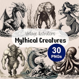 Mythical Creatures Vintage Illustration | Fantasy Monster PNG | Imaginary Creatures Print | Fairy Tale Mysteries | Kraken, Werewolf, Mermaid
