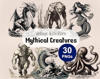 Mythical Creatures Vintage Illustration | Fantasy Monster PNG | Imaginary Creatures Print | Fairy Tale Mysteries | Kraken, Werewolf, Mermaid