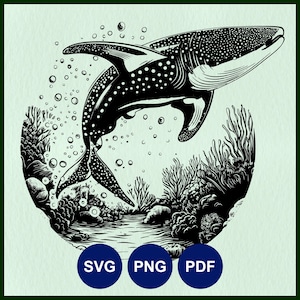 Pode incluir: Ilustração em preto e branco de um tubarão-baleia nadando através de um recife de coral. O tubarão-baleia é manchado e tem uma boca grande. O recife de coral está cheio de bolhas e algas.